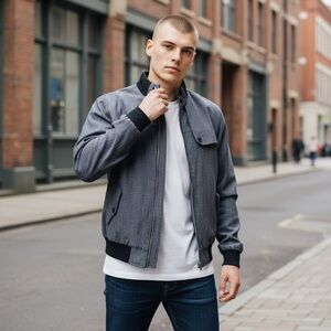 GRAMERCY Bomber Jacket Gray COTTON Tweed Pinstripe